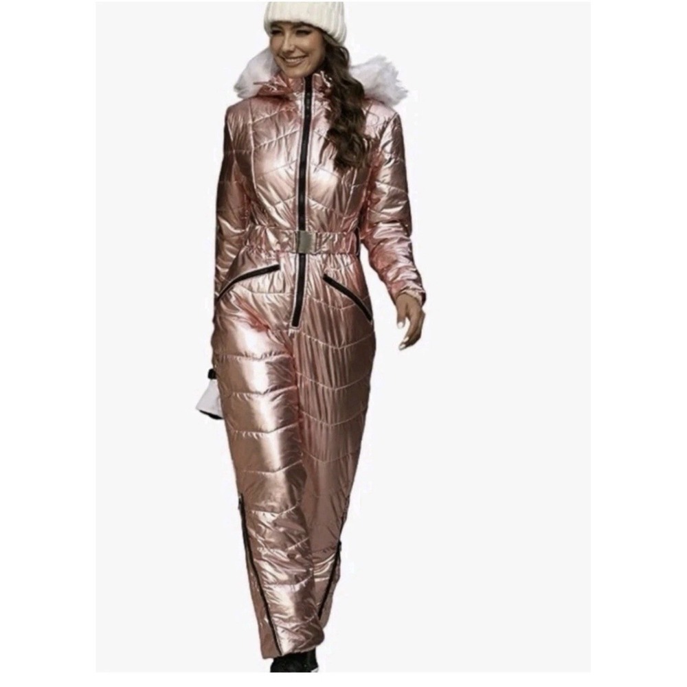 Women's Pink Waterproof Snow Suit Faux Fur Hood Size XL NWOT Zip Legs Belt SS10